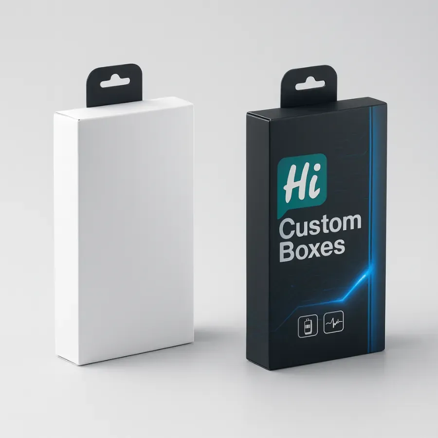 Custom cell phone battery packaging boxes with black hanger tab- showing a white plain carton and a branded black box with -Hi Custom Boxes- logo and circuit graphics